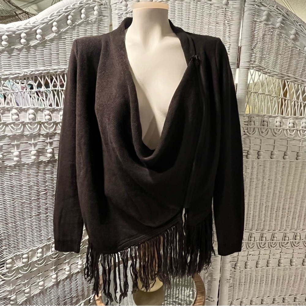 VENUS Womens S‎ Cardigan Fringed Sweater Zip Poncho Look Brown Drop Cowl Neck
